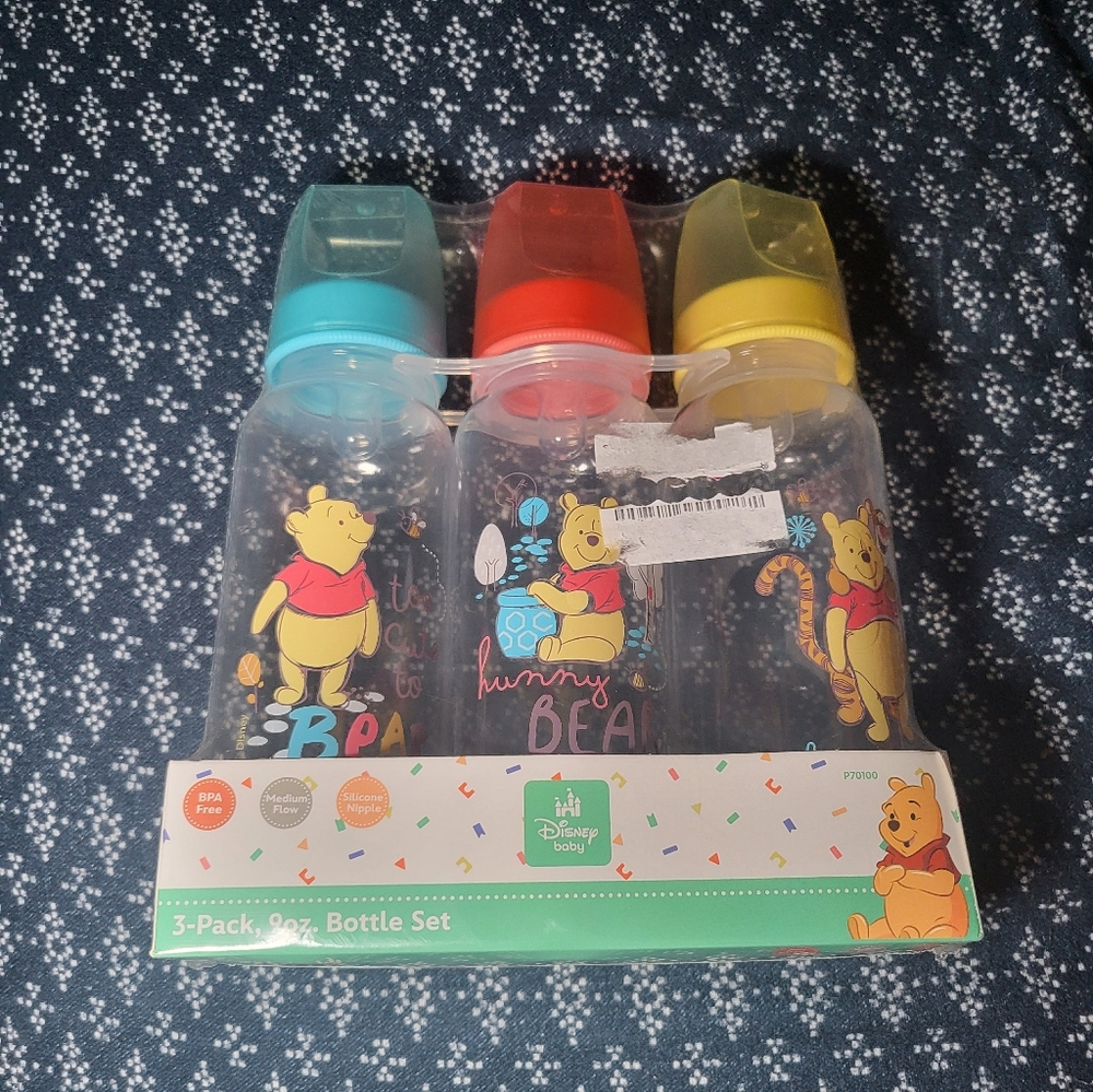Disney Winnie the Pooh Baby Bottle Set with Blue, Red, Yellow Caps